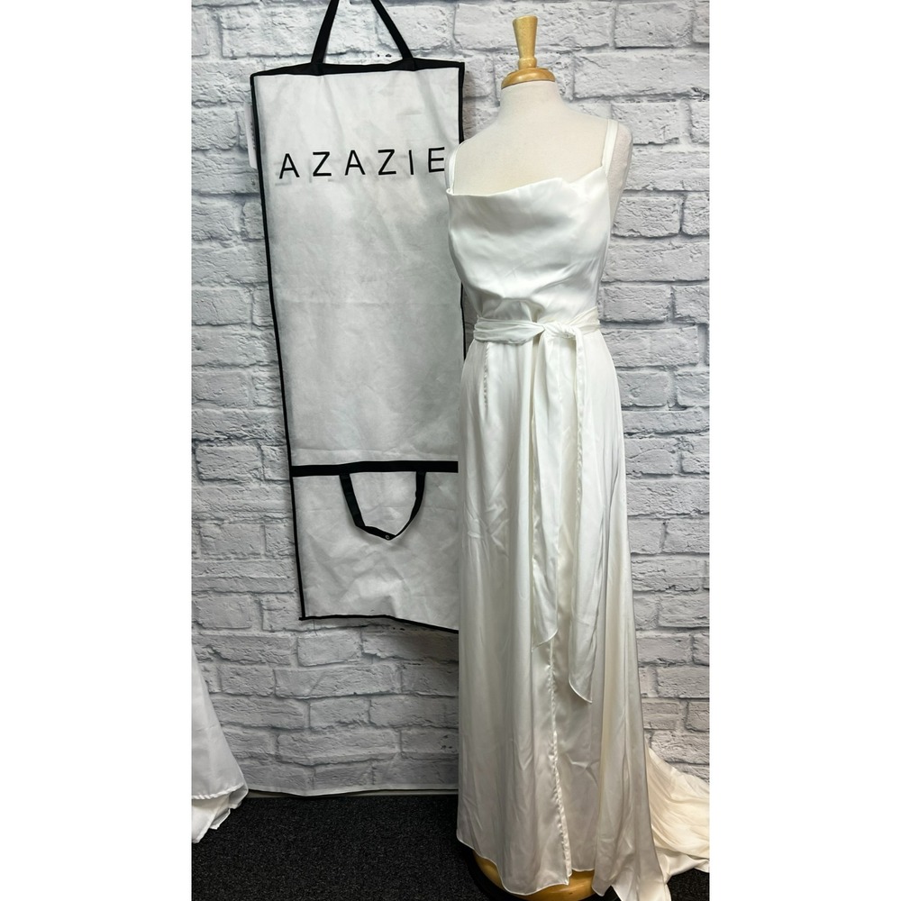 Azazie Vanya White Wedding Dress Train Draped Neck Cross Back Zip Back SZ 14